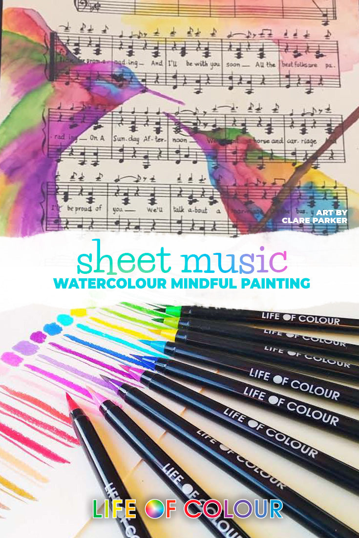 'Relaxing and mindful watercolour art on sheet music' article featured image.