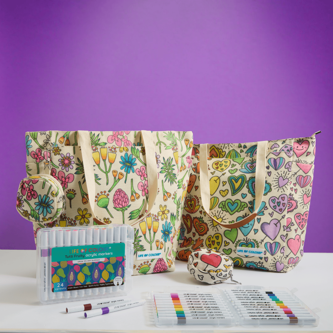 DIY Doodle Bag Bundle - Wildflower and Love Heart Tote Bags and Acrylic Markers