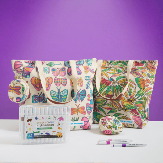 DIY Doodle Bag Bundle 2 - 2 Luxury Tote Bags and Acrylic Markers (Lorikeet and Butterfly)