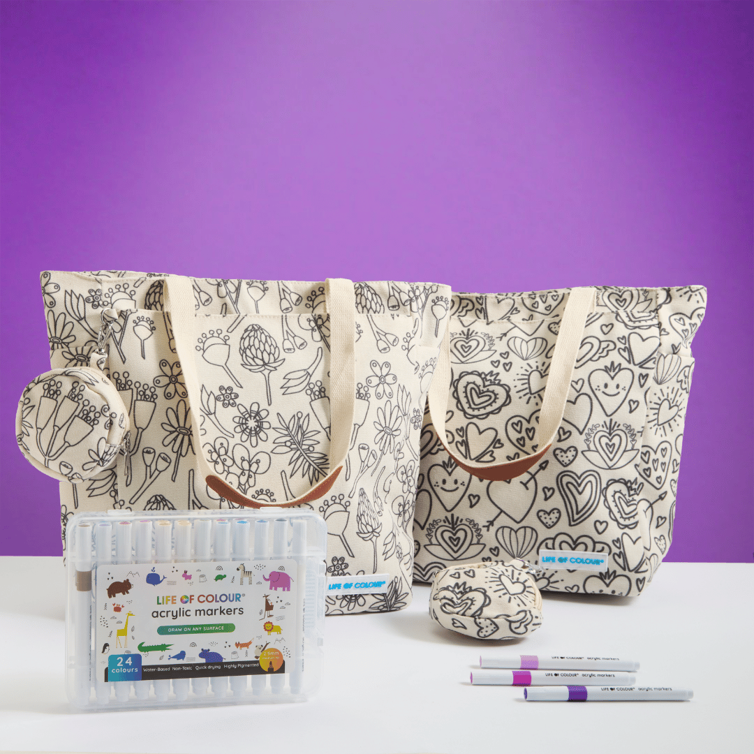 DIY Doodle Bag Bundle - Wildflower and Love Heart Tote Bags and Acrylic Markers