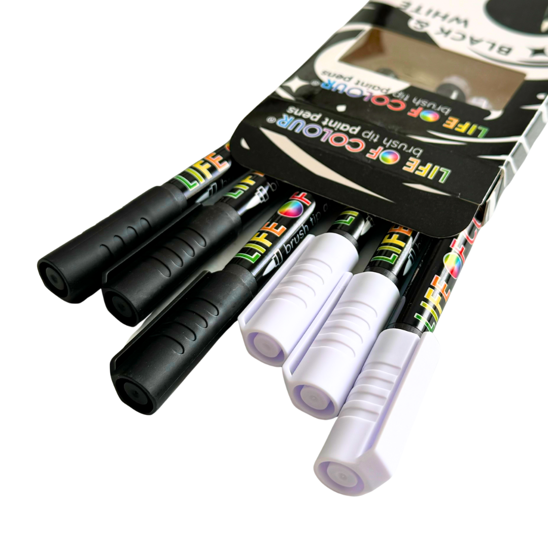 Black and White Brush Tip Acrylic Paint Pens – Set of 6