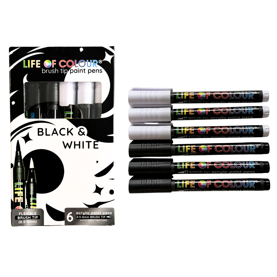 Black and White Brush Tip Acrylic Paint Pens – Set of 6