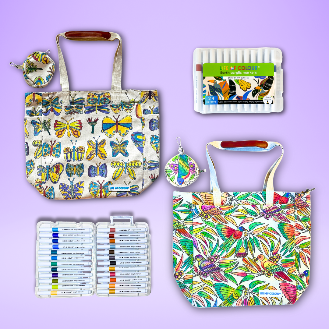 DIY Doodle Bag Bundle 2 - 2 Luxury Tote Bags and Acrylic Markers (Lorikeet and Butterfly)