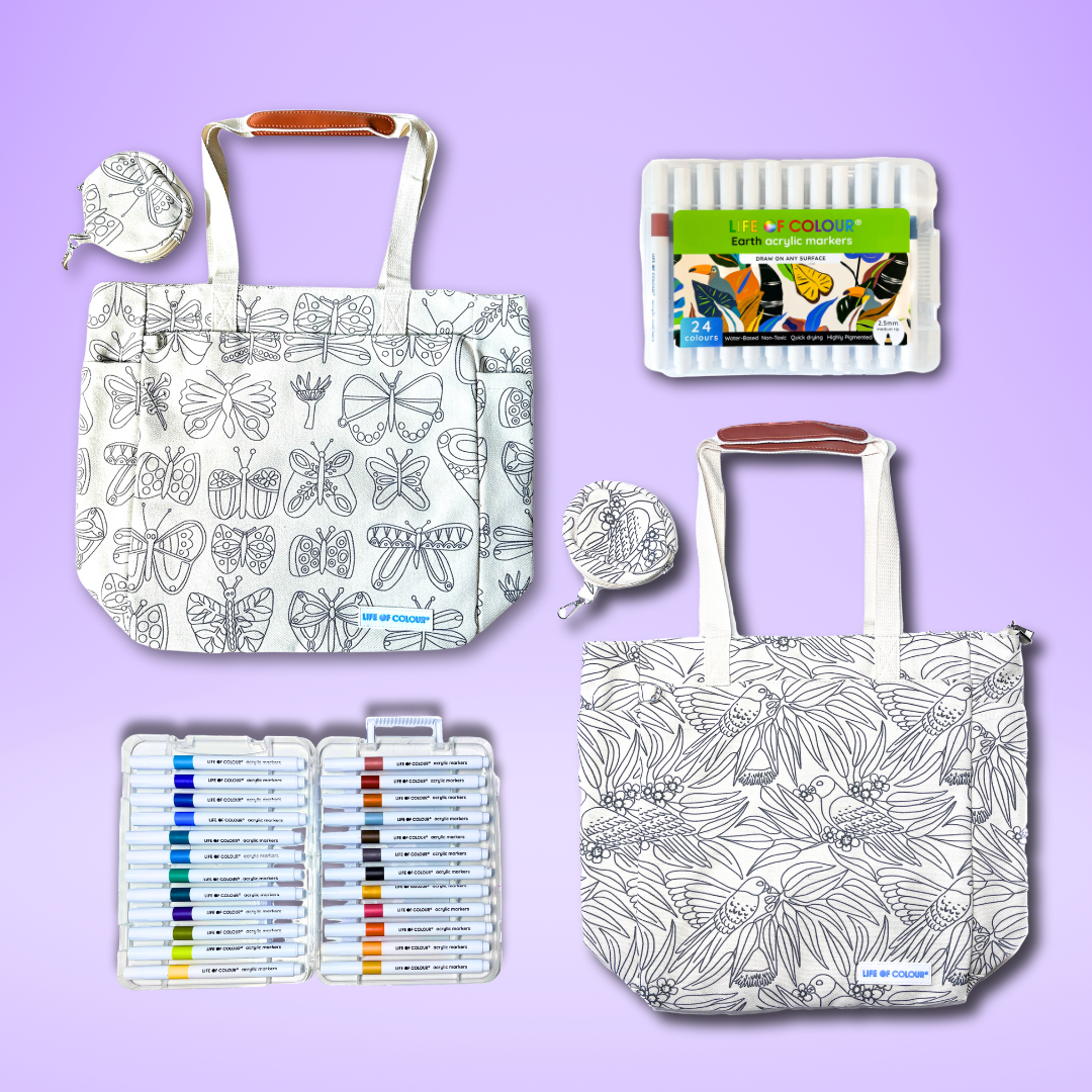 DIY Doodle Bag Bundle 2 - 2 Luxury Tote Bags and Acrylic Markers (Lorikeet and Butterfly)