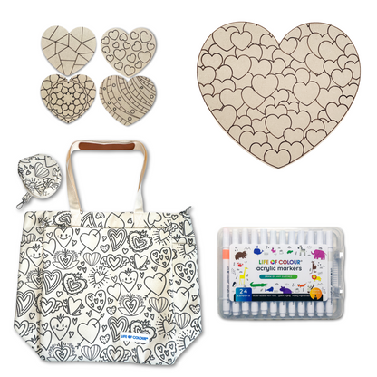 Colourful Hearts Mega Gift Set - 4 Love Heart coasters, 1 Large Hearts Board and Love Tote Bag with acrylic markers