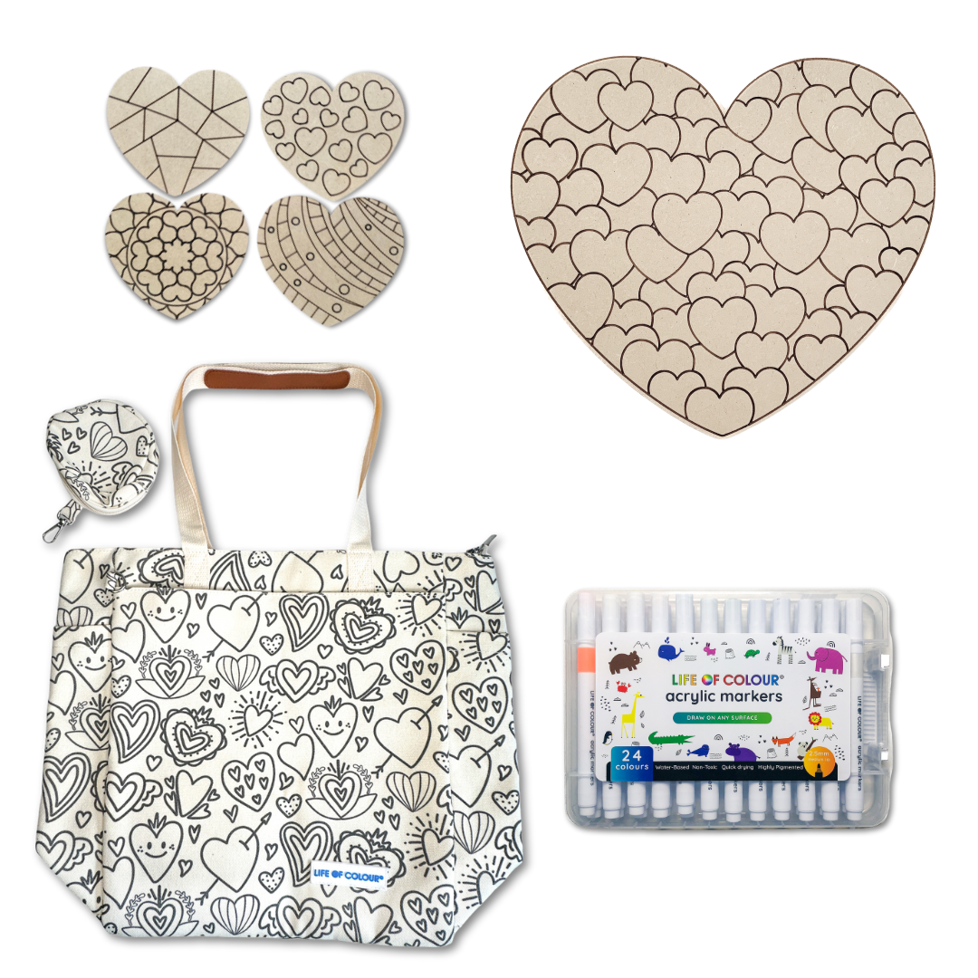 Colourful Hearts Mega Valentine&#39;s Day Gift Set - 4 Love Heart coasters, 1 Large Hearts Board and Love Tote Bag with acrylic markers