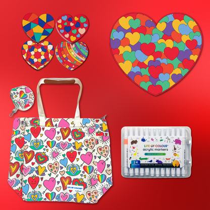 Colourful Hearts Mega Gift Set - 4 Love Heart coasters, 1 Large Hearts Board and Love Tote Bag with acrylic markers