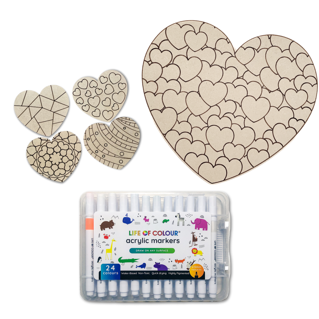 Colourful Hearts Large Gift Set - 4 Love Heart coasters and 1 Large Hearts Board with acrylic markers