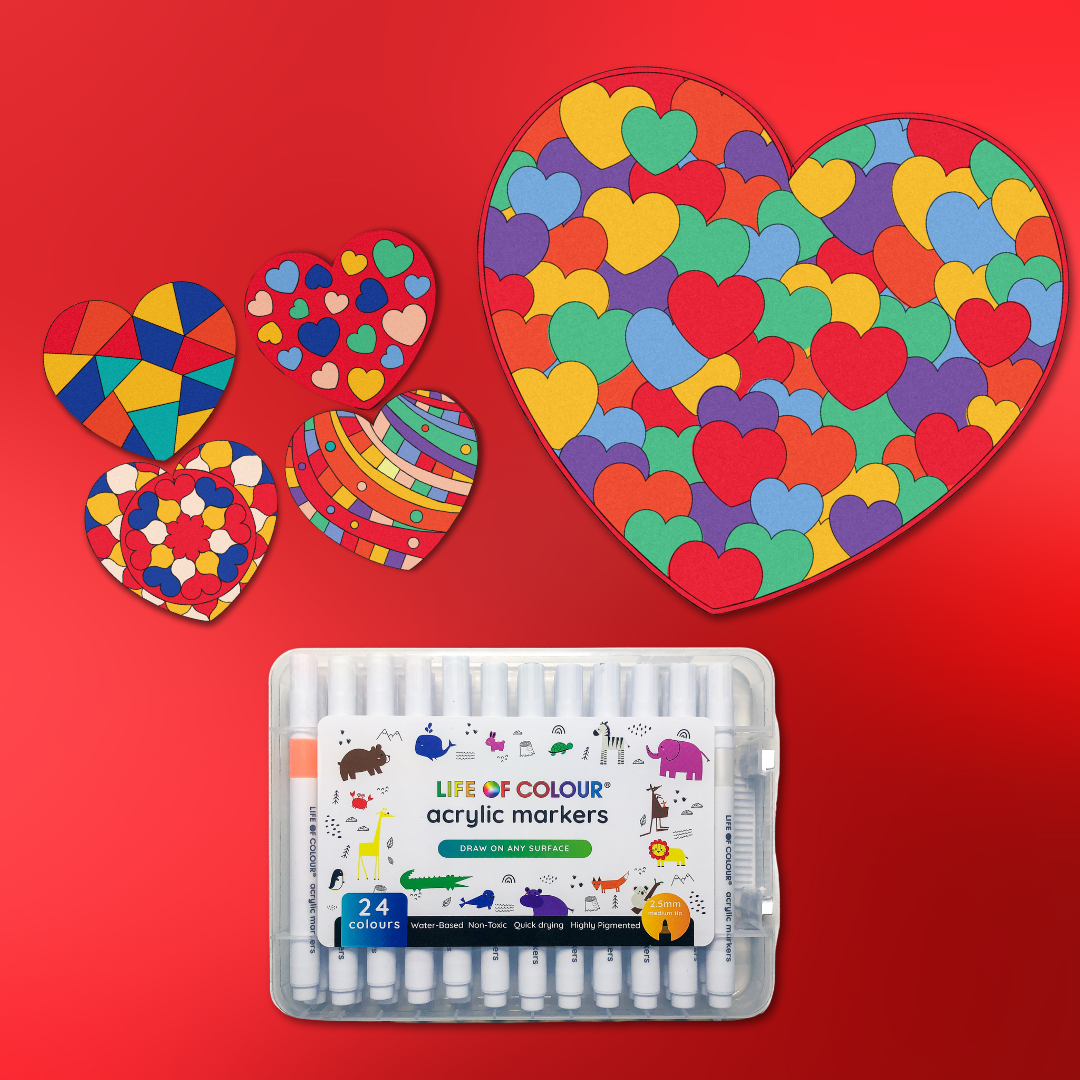 Colourful Hearts Large Gift Set - 4 Love Heart coasters and 1 Large Hearts Board with acrylic markers