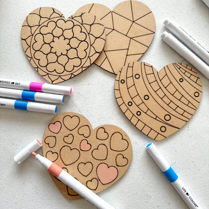 Colourful Hearts Gift Set - 4 Love Heart coasters with acrylic markers