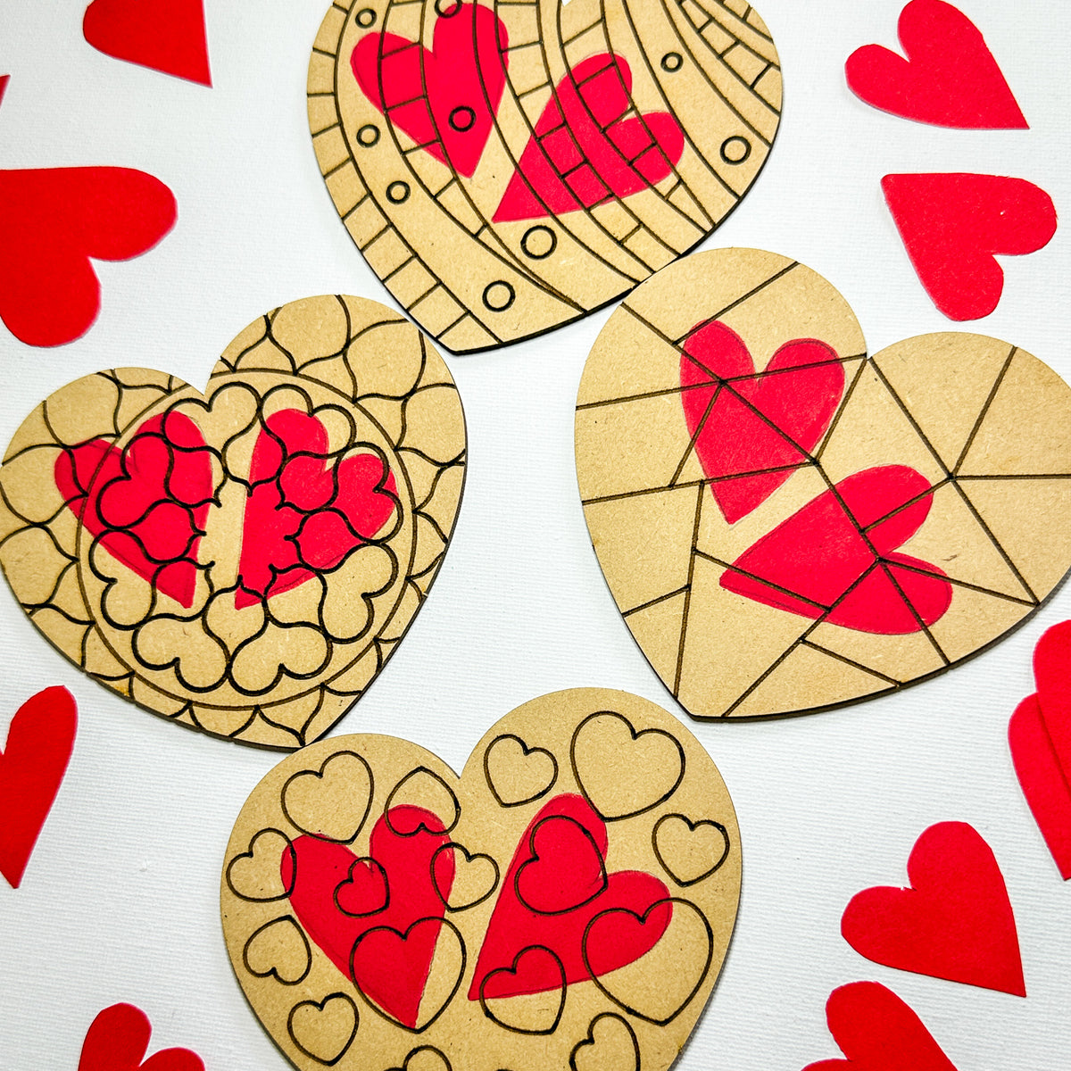 Colourful Hearts Valentine&#39;s Day Gift Set - 4 Love Heart coasters with acrylic markers