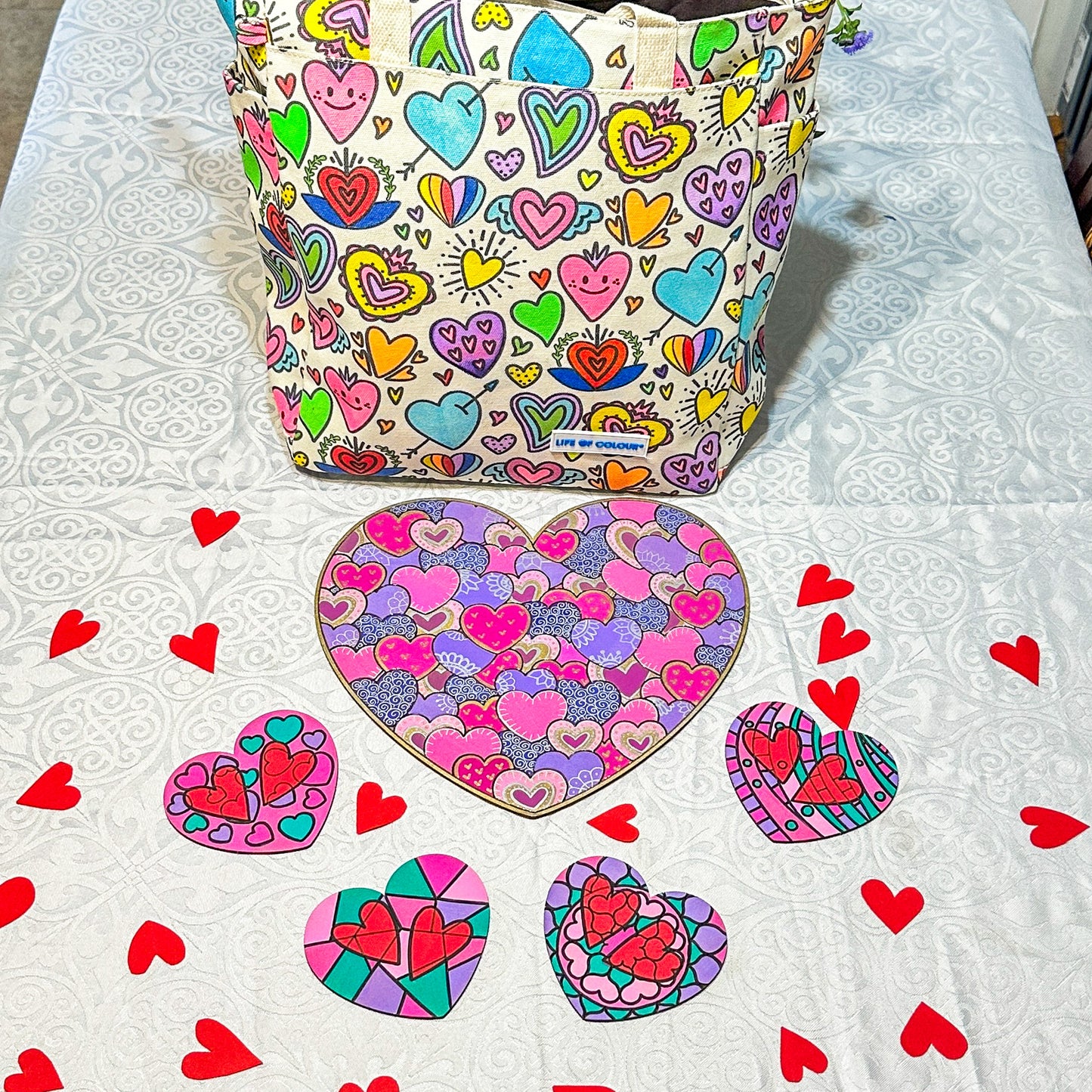 Colourful Hearts Mega Gift Set - 4 Love Heart coasters, 1 Large Hearts Board and Love Tote Bag with acrylic markers