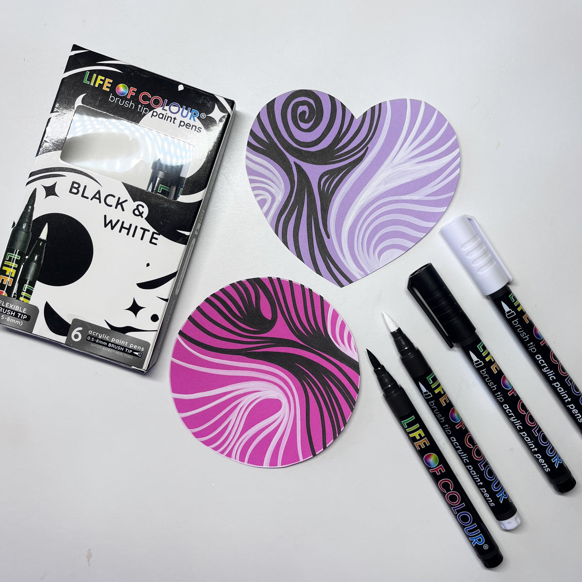 Black and White Brush Tip Acrylic Paint Pens – Set of 6