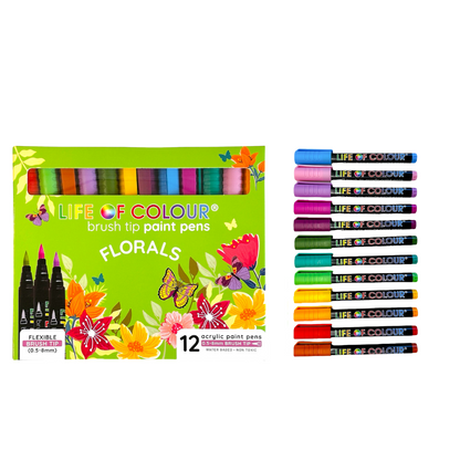 Floral Colours Brush Tip Acrylic Paint Pens - Set of 12