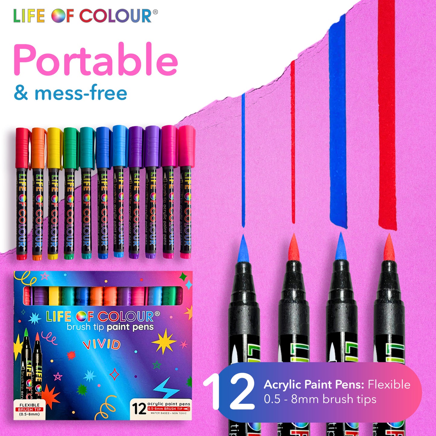 Vivid Brush Tip Acrylic Paint Pens - Set of 12