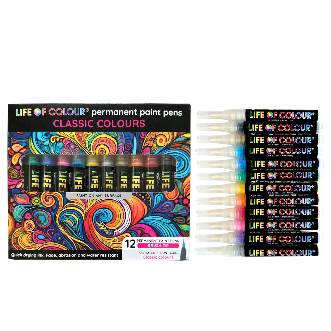 Permanent Paint Pens Brush Tip - Set of 12 Classic Colours