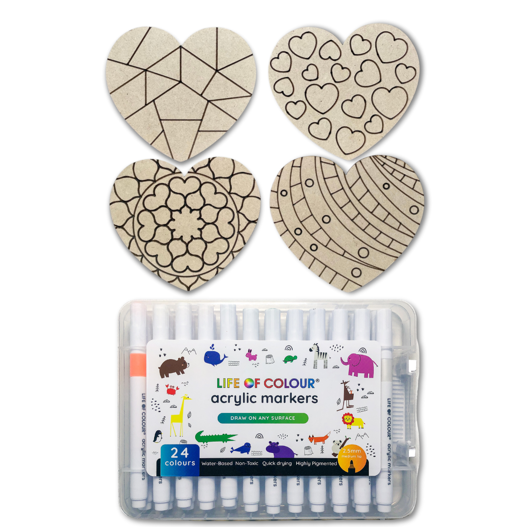 Colourful Hearts Gift Set - 4 Love Heart coasters with acrylic markers