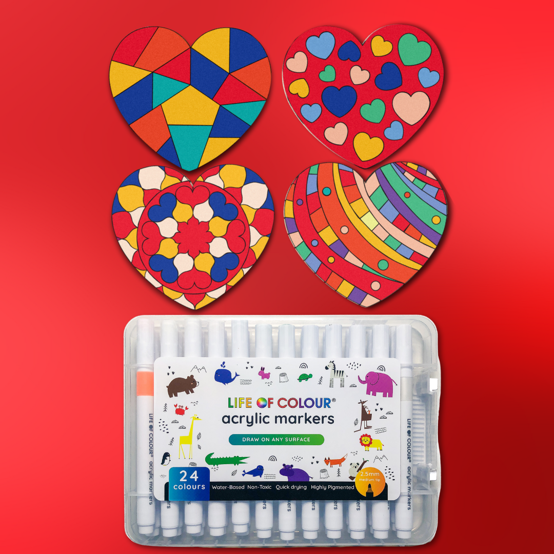 Colourful Hearts Gift Set - 4 Love Heart coasters with acrylic markers