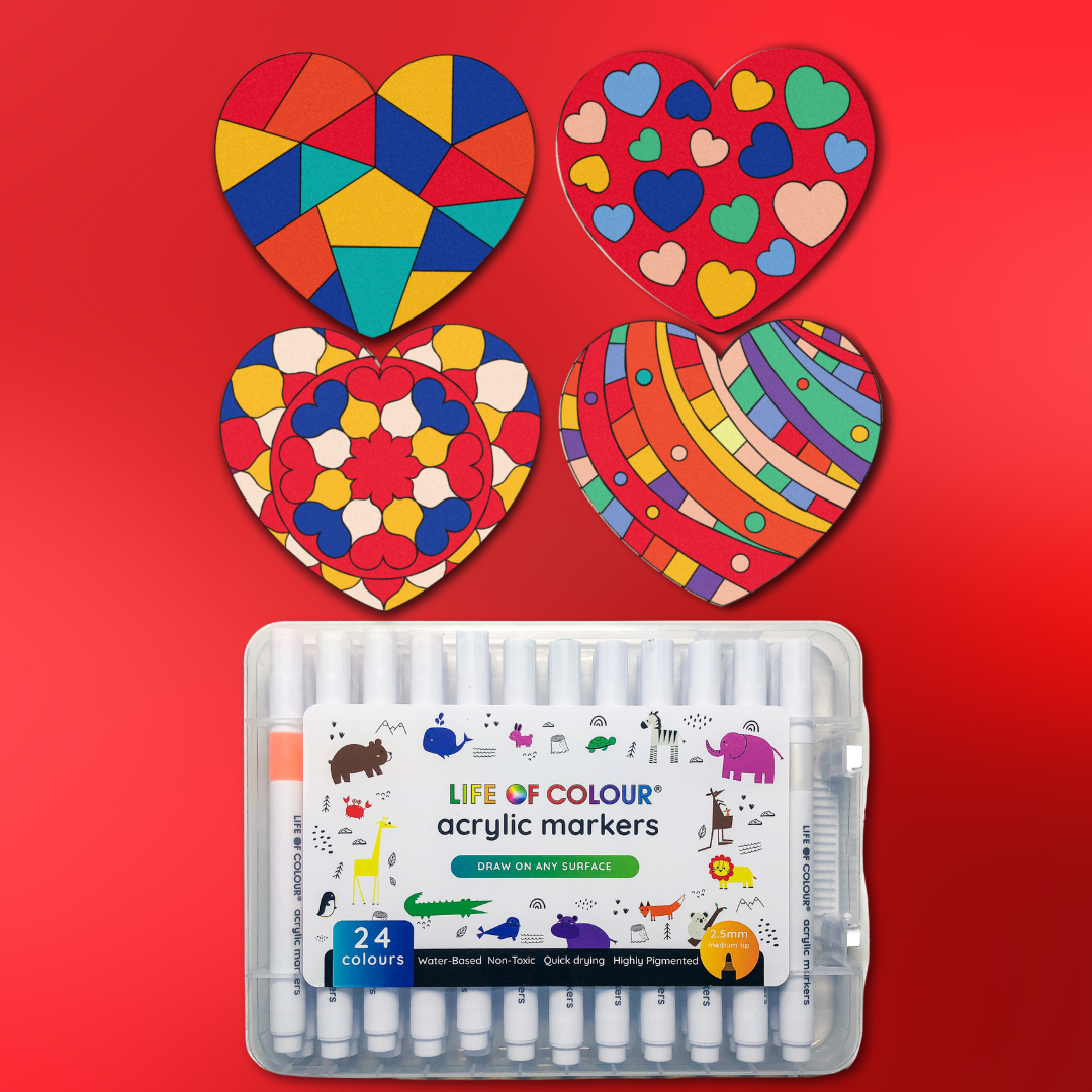 Colourful Hearts Valentine&#39;s Day Gift Set - 4 Love Heart coasters with acrylic markers