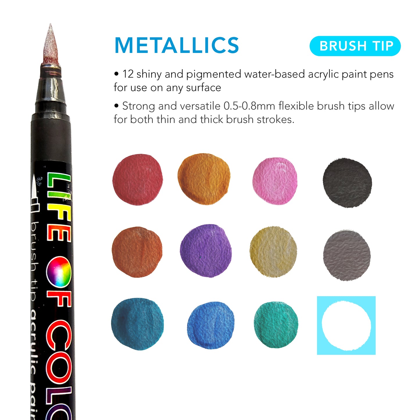 Metallic Brush Tip Acrylic Paint Pens - Set of 12